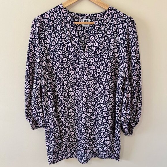 Anne Klein| Floral Print Oversized V-Neck Pink-White-Black Womens Flowy Top Sz M - Picture 1 of 4